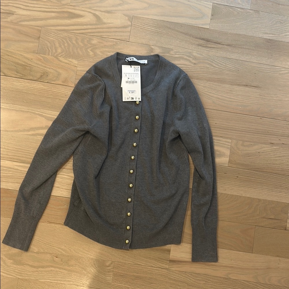 Gray Cardigan with Gold Buttons